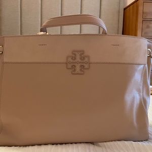 Tory Burch T Stacked Mixed Material Light Oak Tote